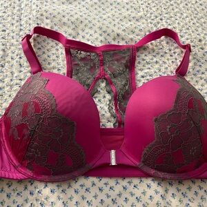 Lane Bryant Cacique Pink and Gray Lace Boost Plunge Bra 42B